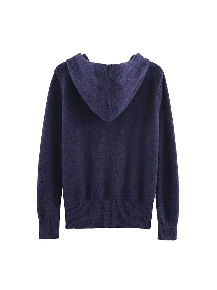 European-style new women's fashionable and versatile hooded long-sleeved knit sweatshirt with zipper detail.