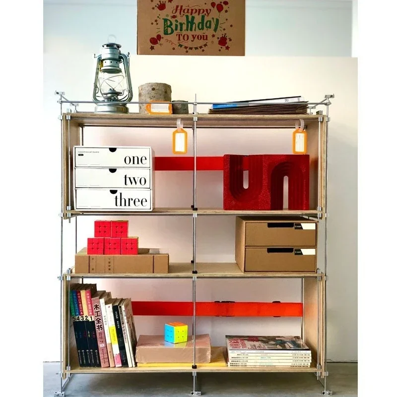 Stainless steel floor-to-ceiling ocean board bookshelf, simple solid wood shelf, kitchen microwave oven storage shelf