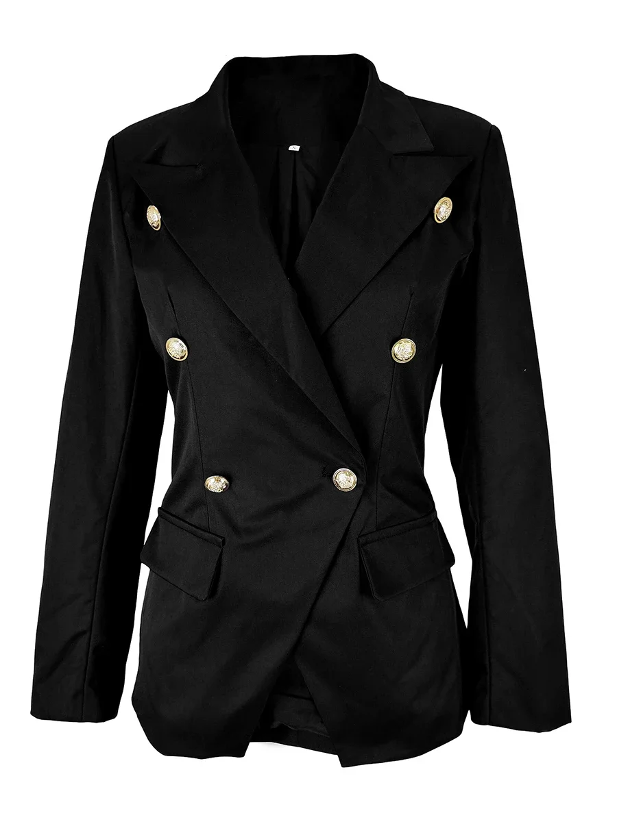 Eleganter Büro-Blazer für Damen, doppelreihig, schmal geschnitten, mit Revers, luxuriöse Metallknöpfe in Löwenkopf-Form, Knopfleiste am Kragen, Anzugjacke – Detail 7