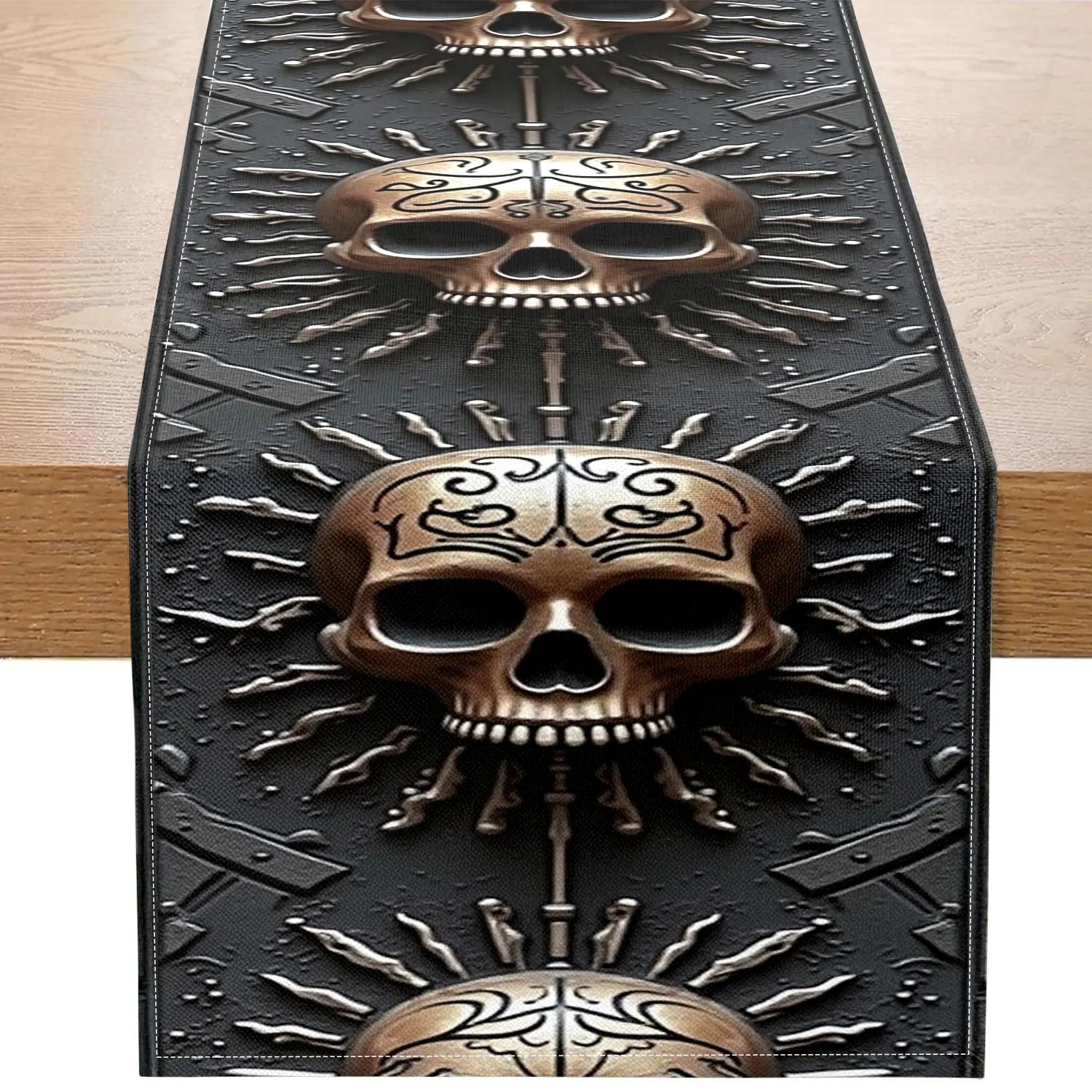 

1 Gothic-Style Three-Dimensional Embossed Skull Table Runner, Black and Gold Color with Carved Skulls and Radial Patterns, Suitable for Dark-Themed Restaurants, Halloween Parties, Art Studios, Fantasy Guesthouses, Cultural and Creative Exhibitions, Person