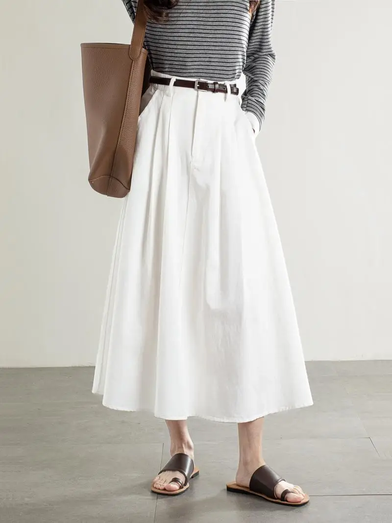 

Ранняя весна, повседневная хлопковая юбка-зонтик трапециевидной формы с высокой талией, женская весенне-осенняя белая утягивающая юбка-миди длиной f