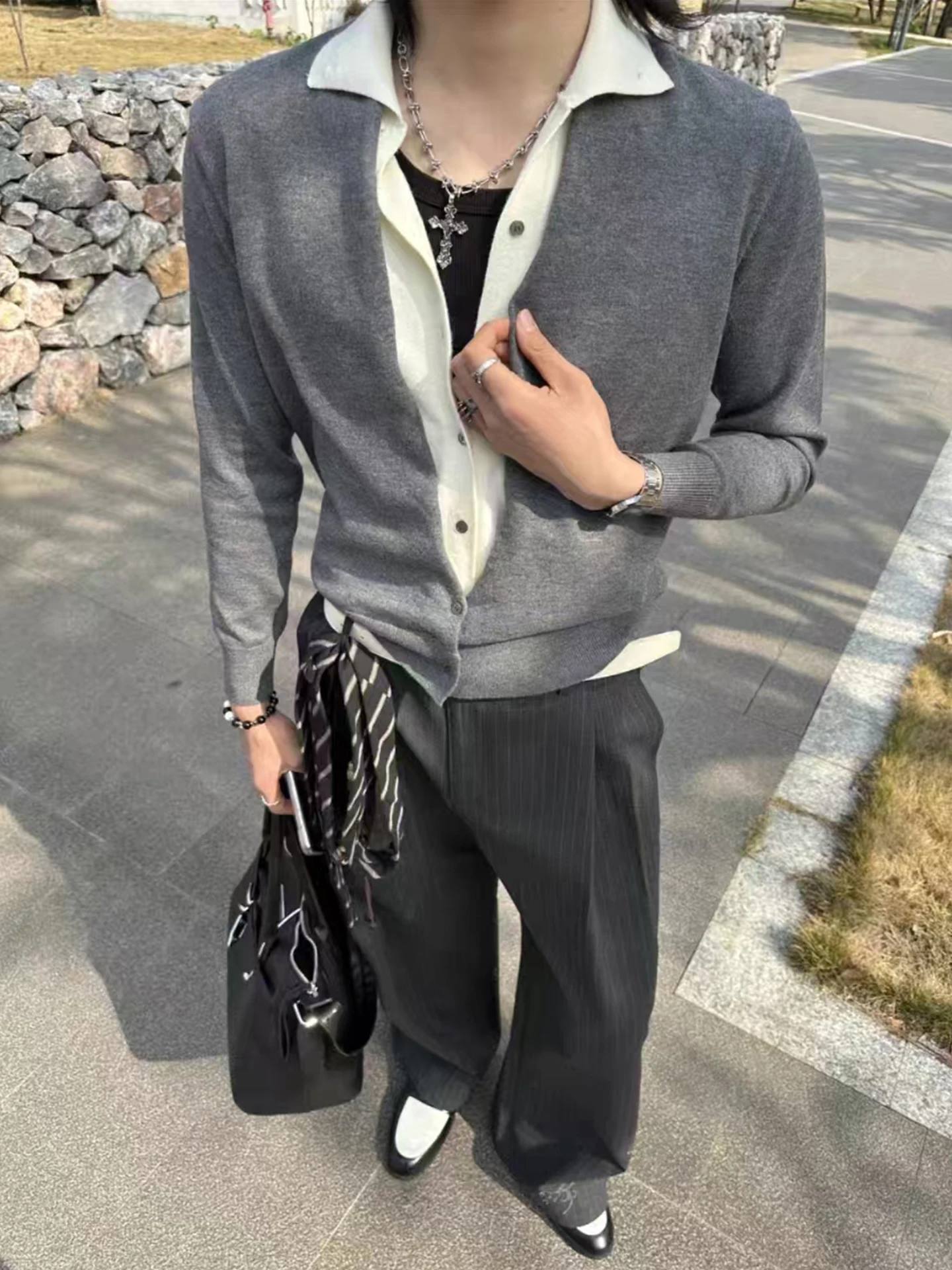 

Мужской вязаный кардиган с высоким воротником в стиле ретро, повседневный, для работы, осенне-зимний, с длинным рукавом, свободного кроя, элегантный, однотонный