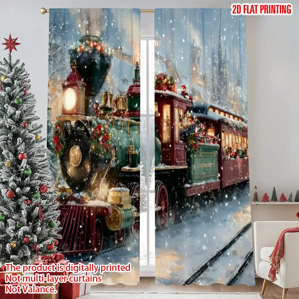 

2pcs 2D flat printing Merry Christmas Drapes Christmas Train Durable Polyester Without Electricity Spring Party & Holiday Decor