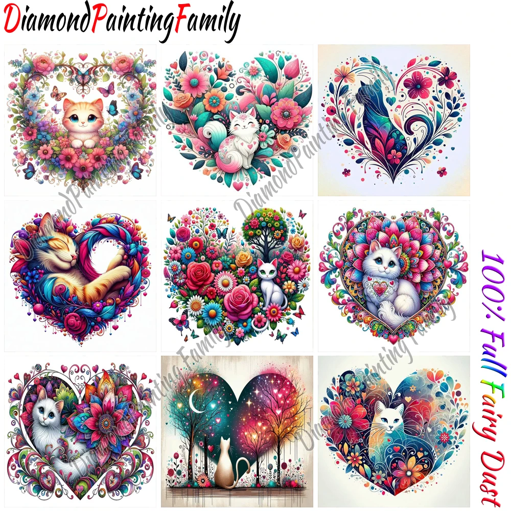 Pintura de diamante familiar, polvo de Hada completa, arte de diamante, lindo corazón, gatos, Kit de pintura de mosaico de resina de cristal, juego de punto de cruz de taladro AB