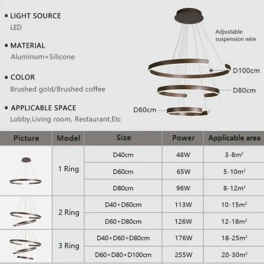 Lampes suspendues LED modernes, produit circulaire créatif en aluminium, lumière décorative corrigée par salle d'exposition, luminaires d'intérieur