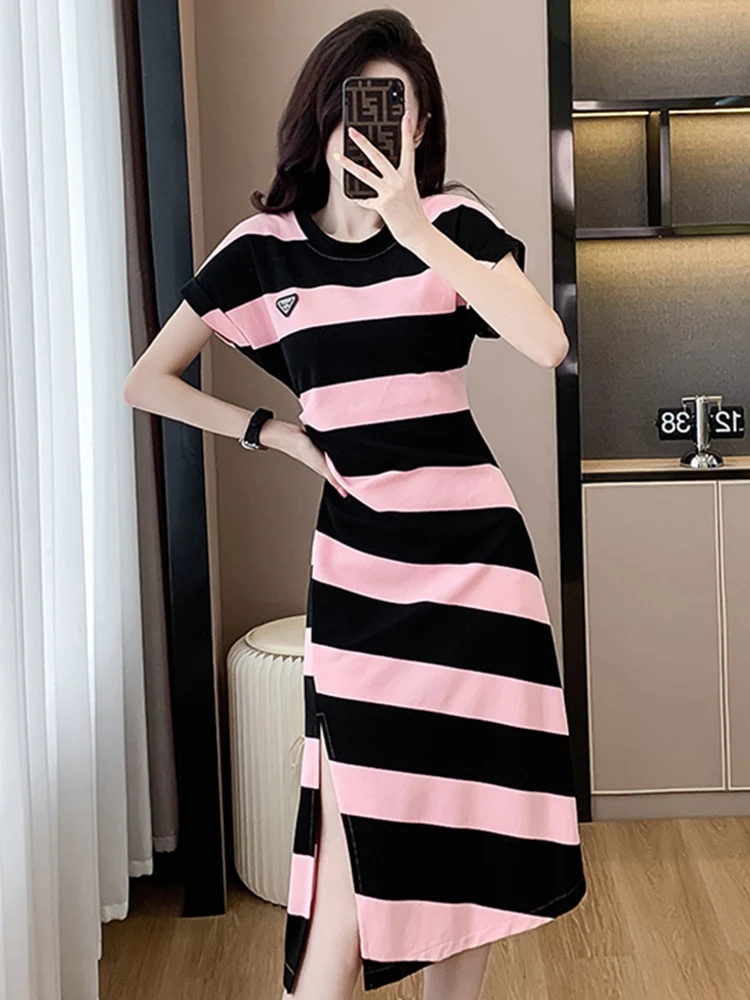 Minceur plissé Midi Dr T-shirt d'été à fines rayures pour femmes Dr Faionable Casual A-Line Silhouette ronde Ne ort Sl...