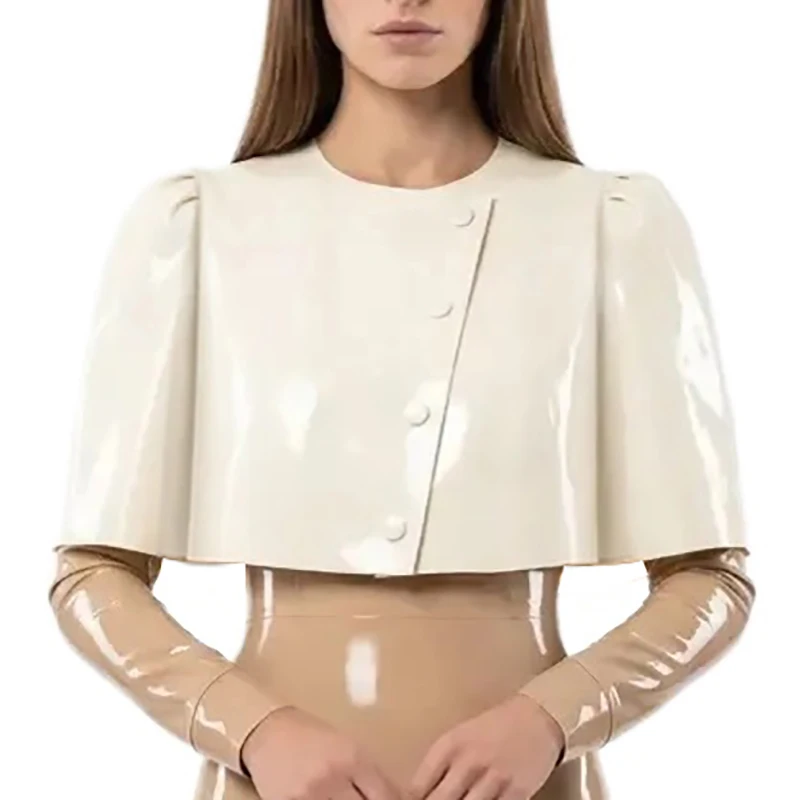White Sexy Latex Cropped Coat With Button Half Puffed Sleeves Asymmetrical Collar Rubber Crop Top Jacket Bolero 473