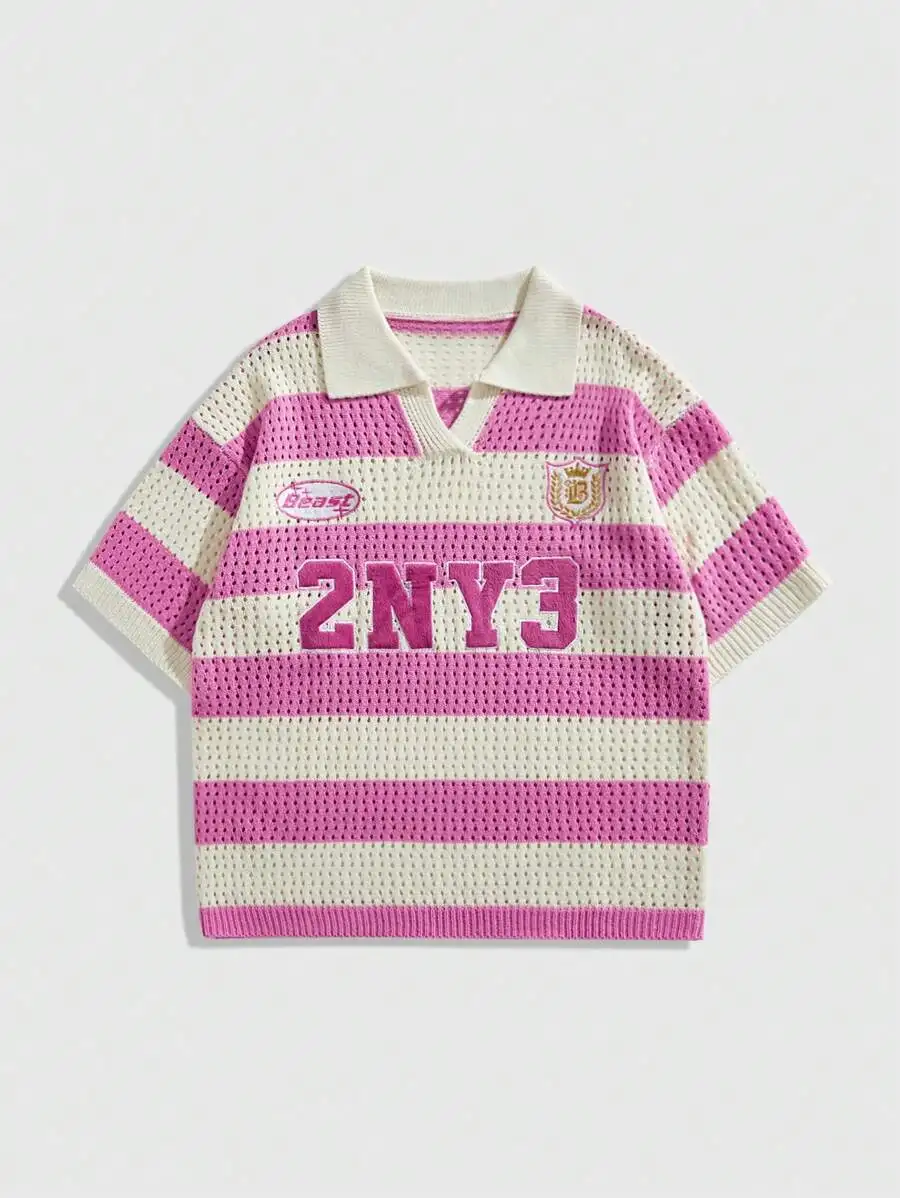 

Мужская рубашка-поло с коротким рукавом из сетчатой ткани в розово-кремовую полоску