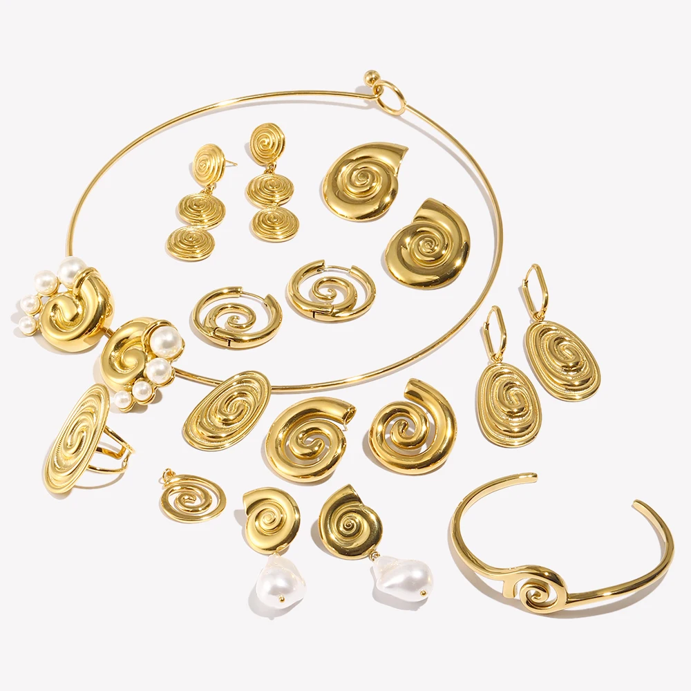 E.B.belle Fashion Spiral Vortex Element Jewelry Set Stainless Steel 18k Gold Plated Statement Earrings Necklace Rings