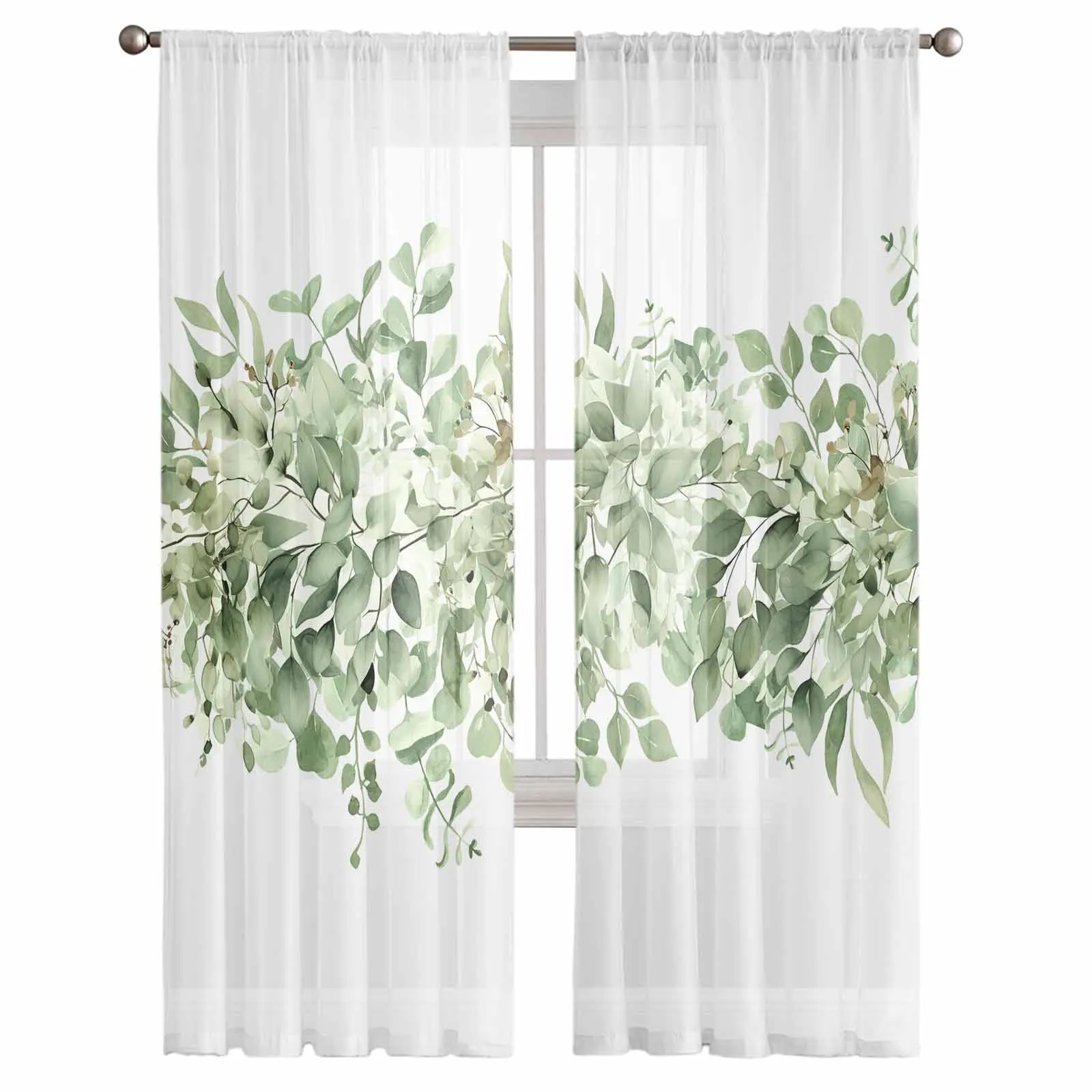 Spring Watercolor Eucalyptus Leaves Sheer Tulle Curtains for Living Room Valance Curtains Kitchen Bedroom Window Voile Drapery