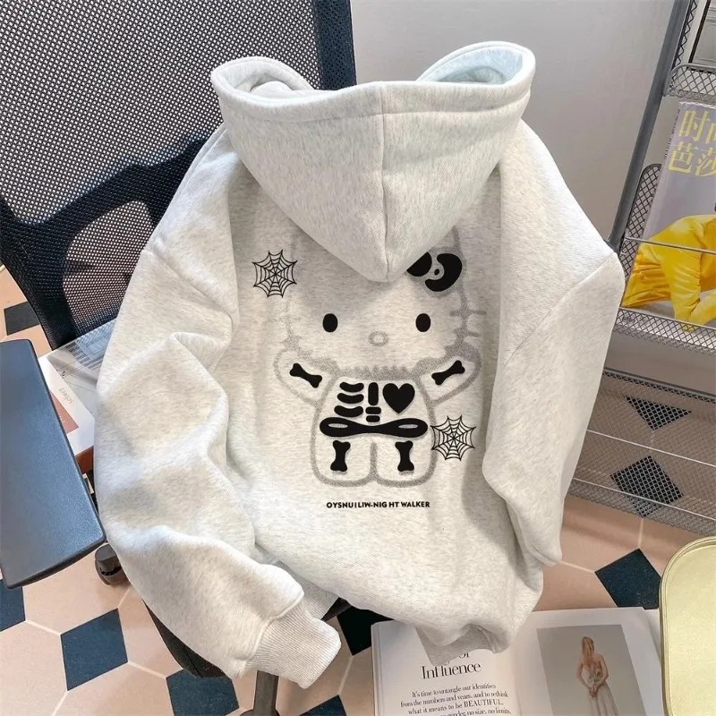 

Толстовка с капюшоном Hello Kitty для девочек, утепленная, на флисе, теплая, осенне-зимняя, модная, в уличном стиле, свободного кроя, худи-топ