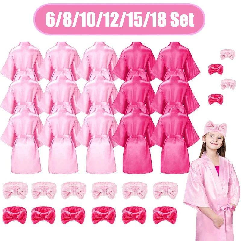 Conjunto de 6-18 Roupões de Cetim Rosa para Festa Spa, Aniversário Infantil, Quimono, Pijama para Festa do Pijama e Lembrancinhas de Festa