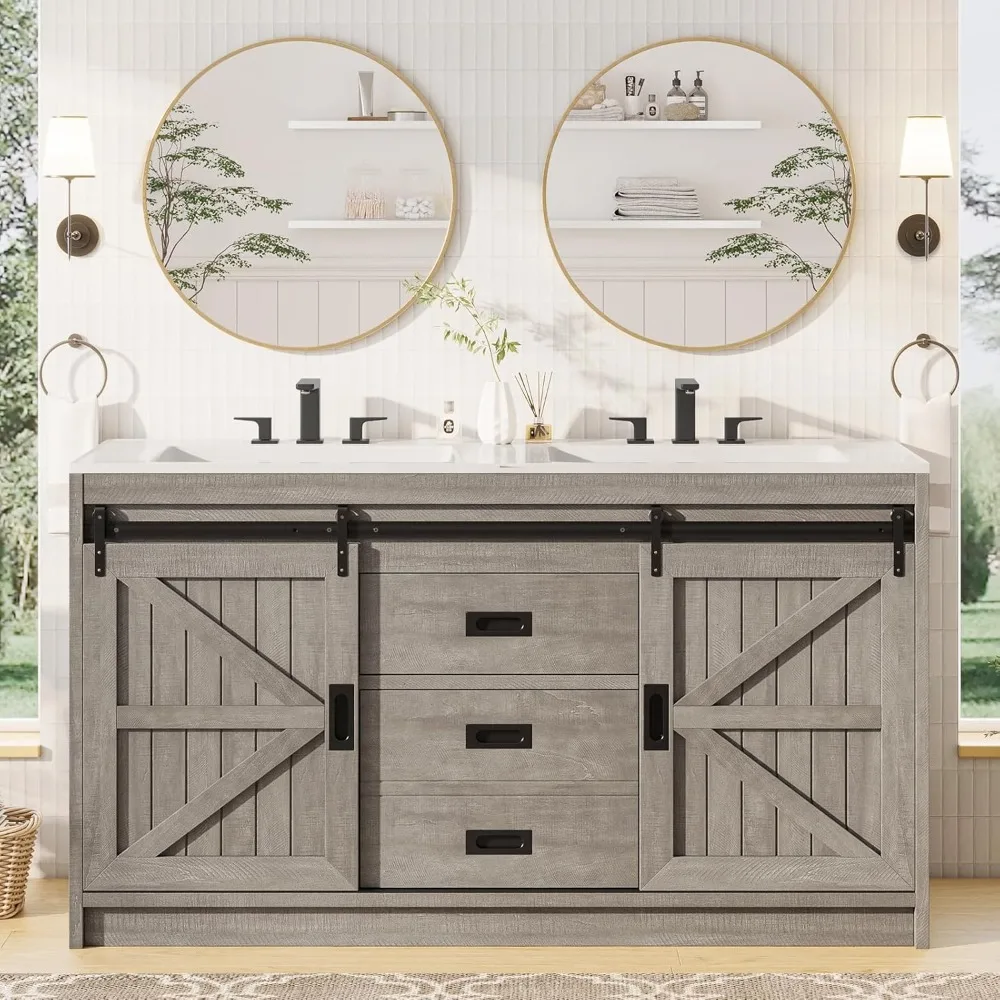 

Double Bathroom Vanity with Sink, 61in Bathroom Storage Cabinet with Sliding Doors & Drawers, Dual Basin,Double Bath Vanity Sink