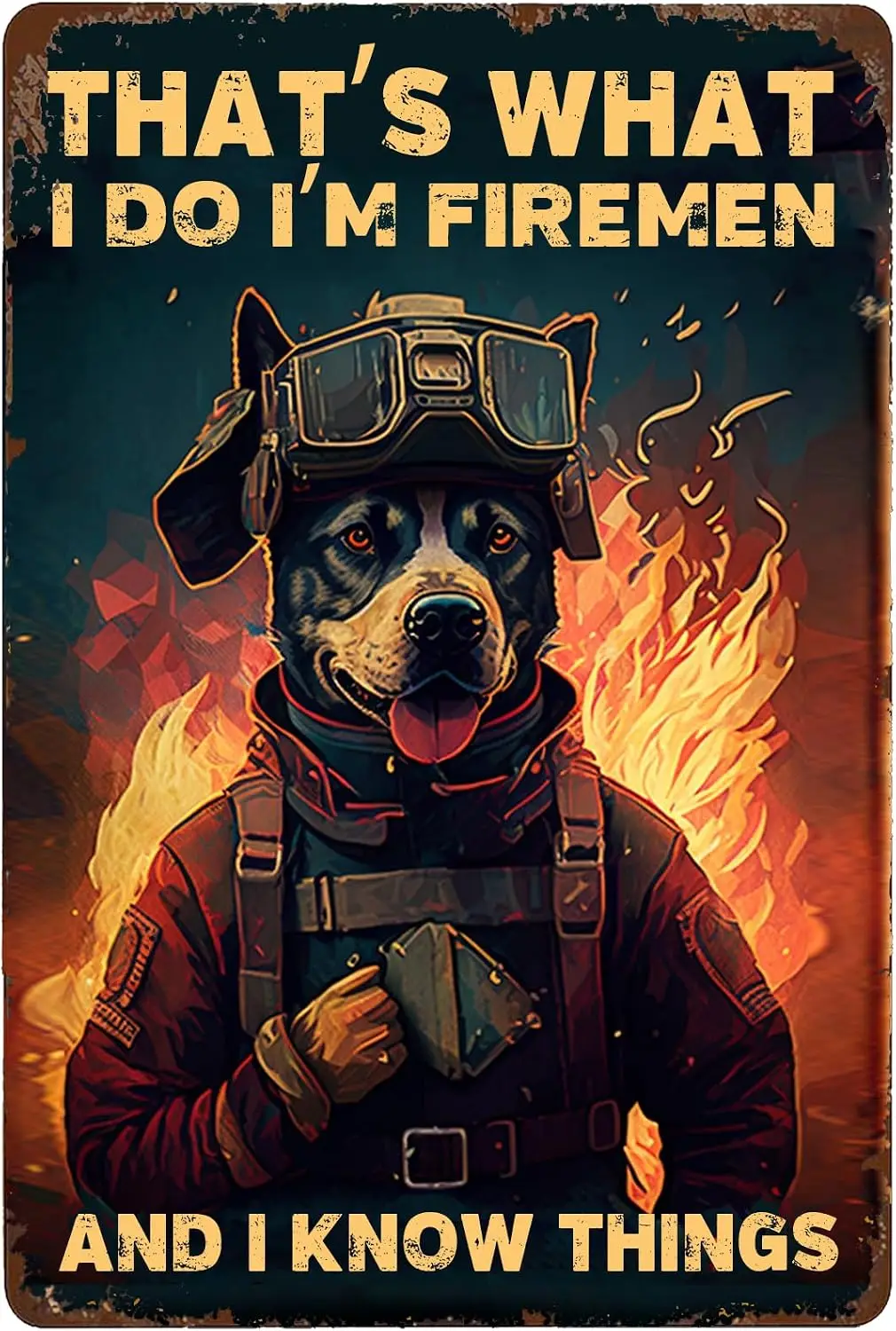 Firefighter Boho Metal Poster 8X12IN - Helmet & Dog Motif Wall Art for Restaurant, Billiard Room & Hunting Theme Decor