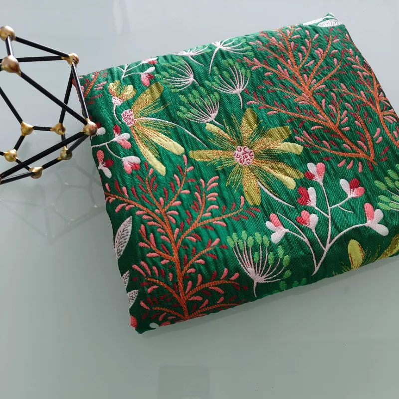 

Forest elf green floral fabric woven brocade jacquard clothing jacket fabric