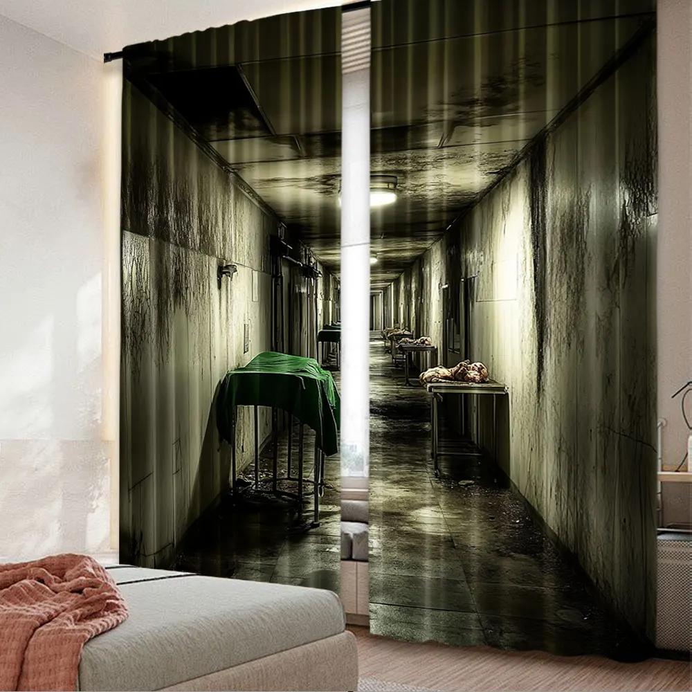 2Pcs Abandoned Hospital Curtain Gloomy Psychiatric Hospital Corridor Dark Room Horrible Halloween Party Decorations Window