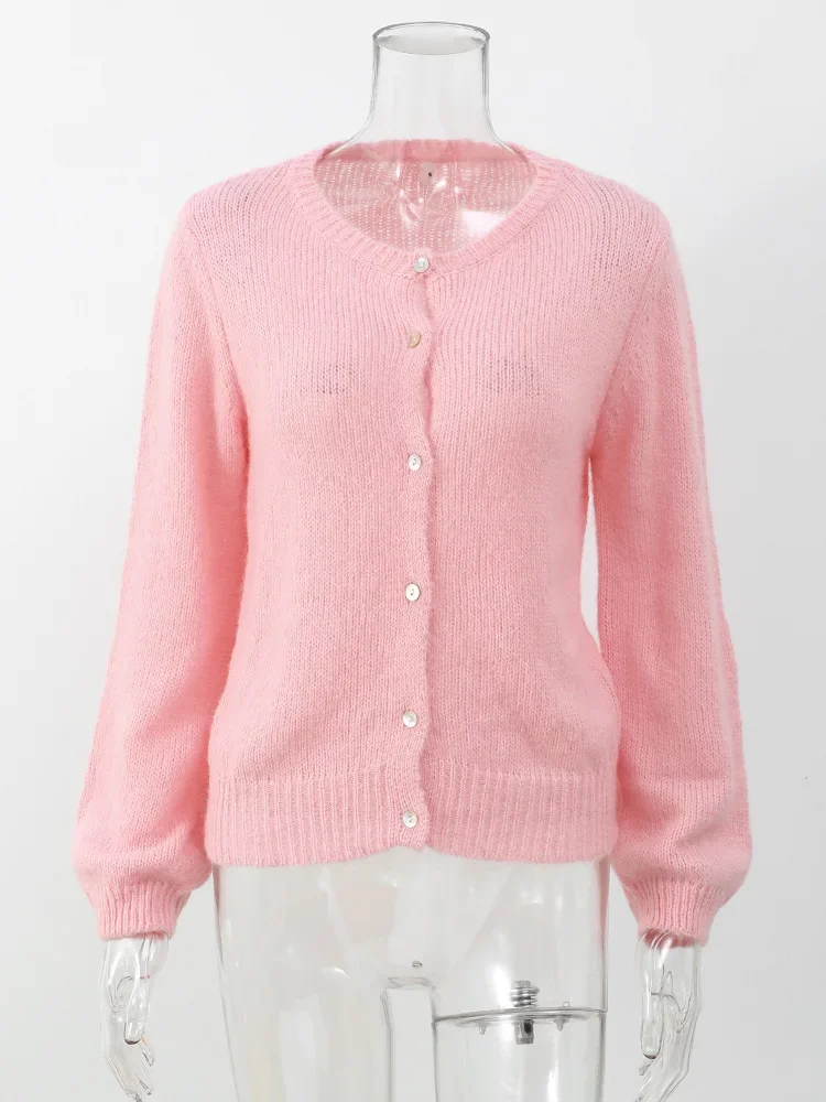 HOUZHOU Pink Mohair Knitted Cardigans Women Chic Sweet Elegant O Neck Single Breasted Long Sleeve Sweater Fall Female Jumpers