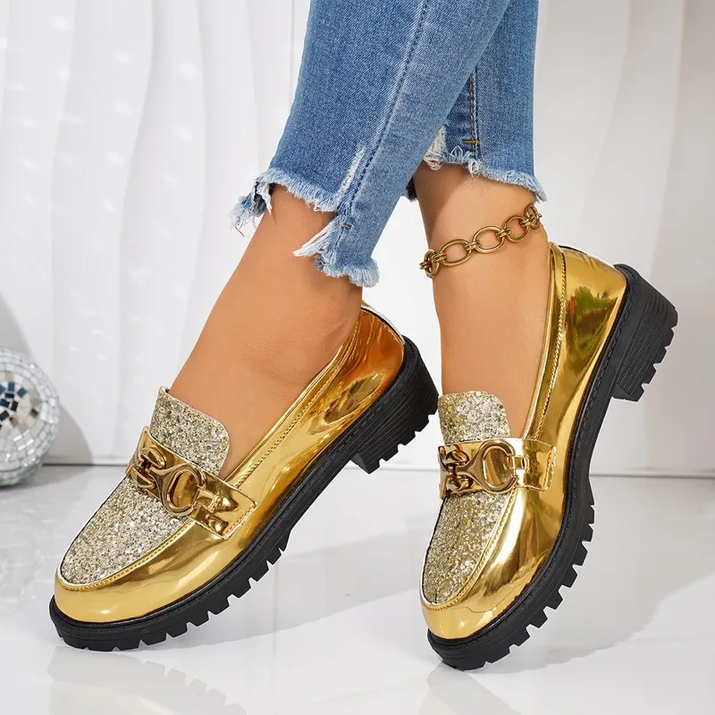 

New Mid-heeled Thick Heel Round Toe One-foot Single Shoe Women's Over-the-foot Metal Fashion