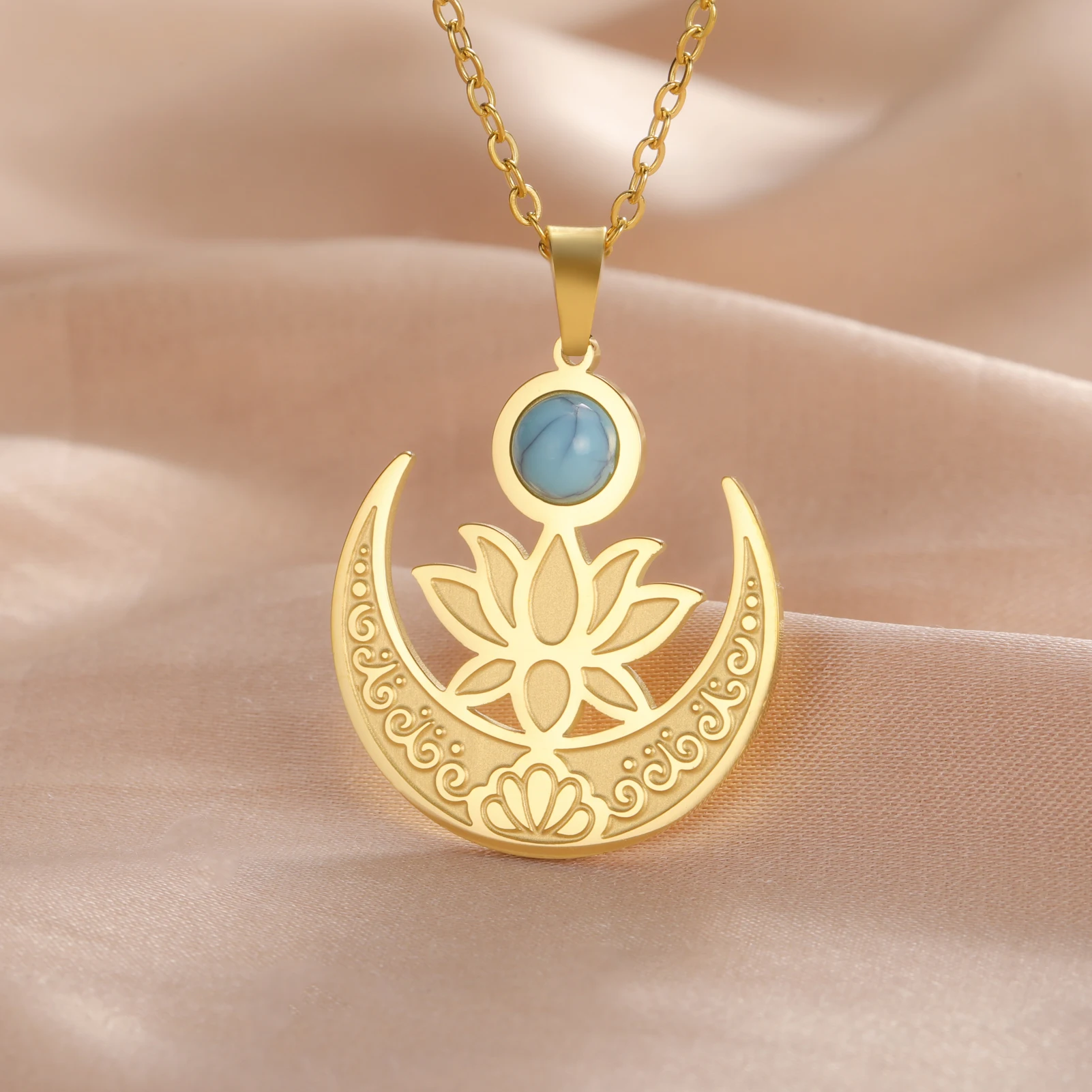 Teamer Buddhist Lotus Flower Necklace Crescent Moon Turquoise Stainless Steel Necklace for Women Girls Vintage Amulet Jewelry