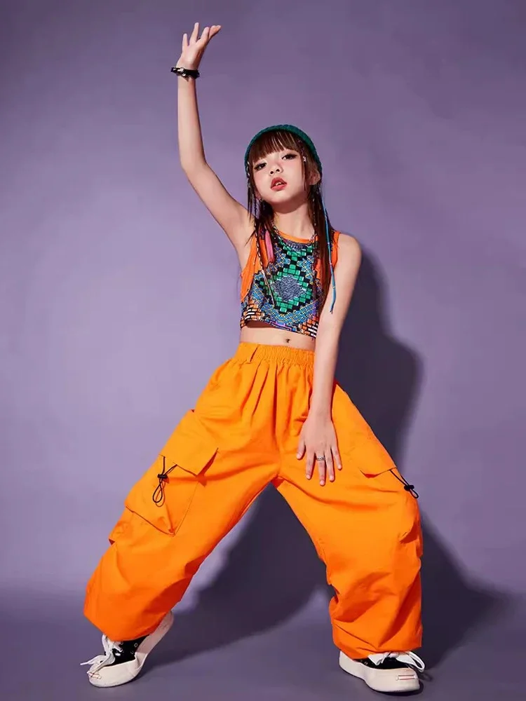 Orange Pants Loose Street Dance Stage Outfit Kpop Girls Jazz Dance Clothes Summer Kids Hip Hop Performance Clothing Vest