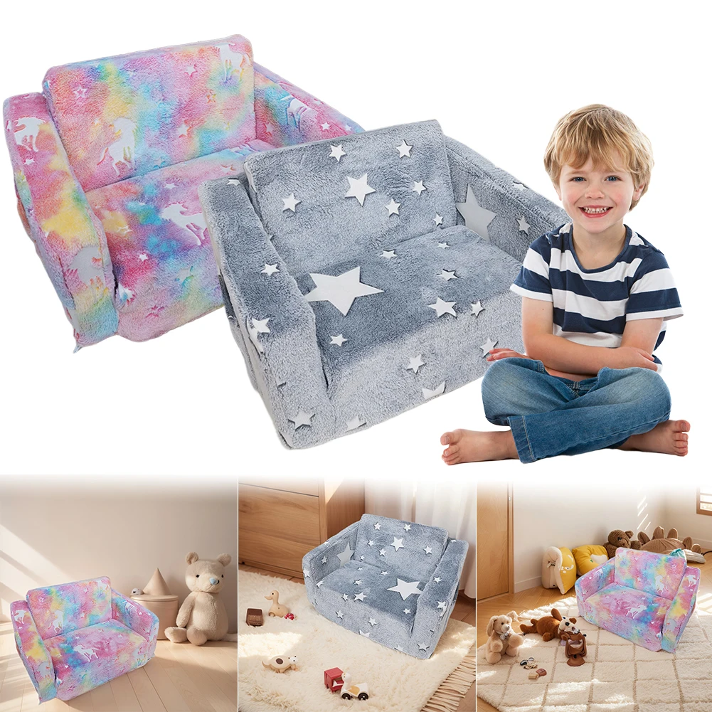 Glow in The Dark Extra Soft Open Couch 2-in-1 Toddler Soft Couch Fold Out Star Glow in The Dark Toddler Couch for Girls and Boys