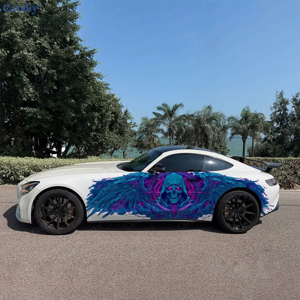 2pcs Purple-Blue Winged Reaper Car Side Wraps, Self-Adhesive PVC Waterproof & Scratch-Resistant Stickers, Car Accessory Gift