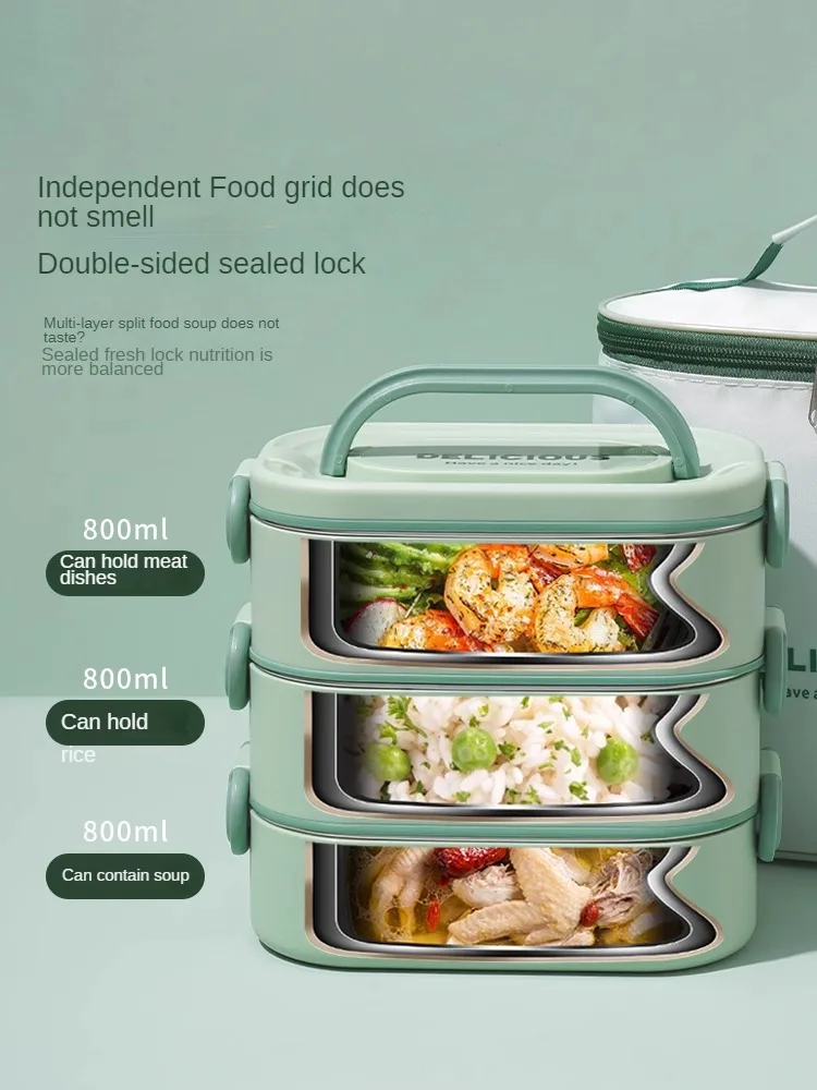 Super long insulated bento box plus insulated bag office students can microwave heat three layers