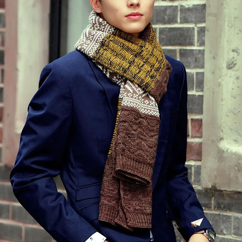 Winter Men\'s Scarf Checkered Scarf Casual Knit Keep Warm Neckerchief Patchwork Wool Cashmere Scarf AC086