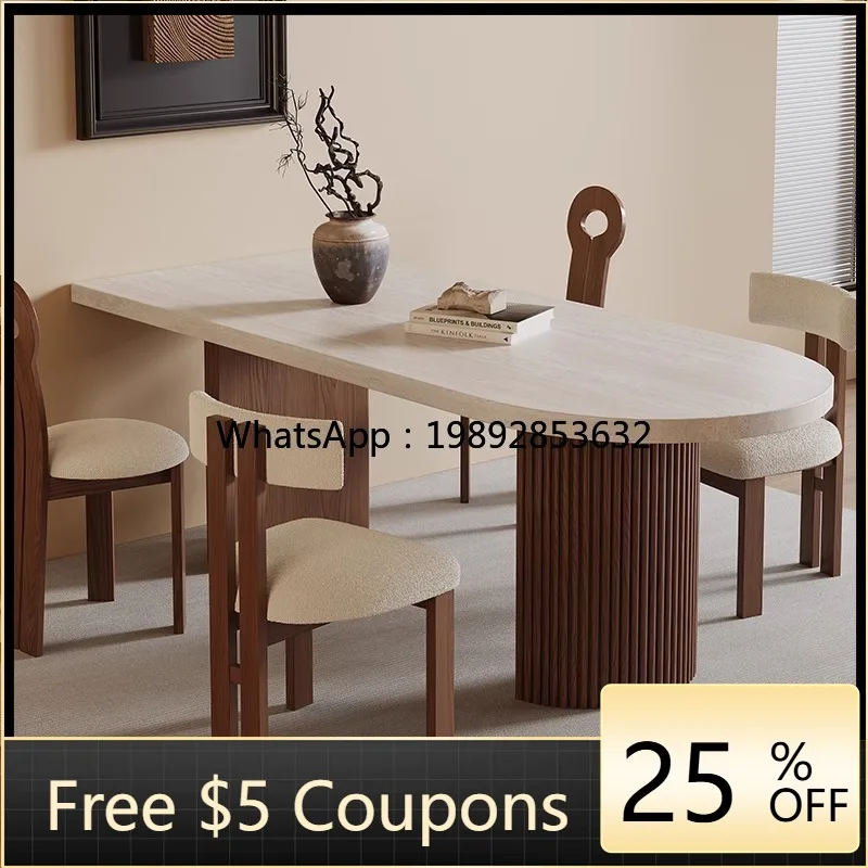 1LYY Vintage Style Stone Dining Table French Retro Solid Wood Rectangular Small Apartment Home Walnut Color