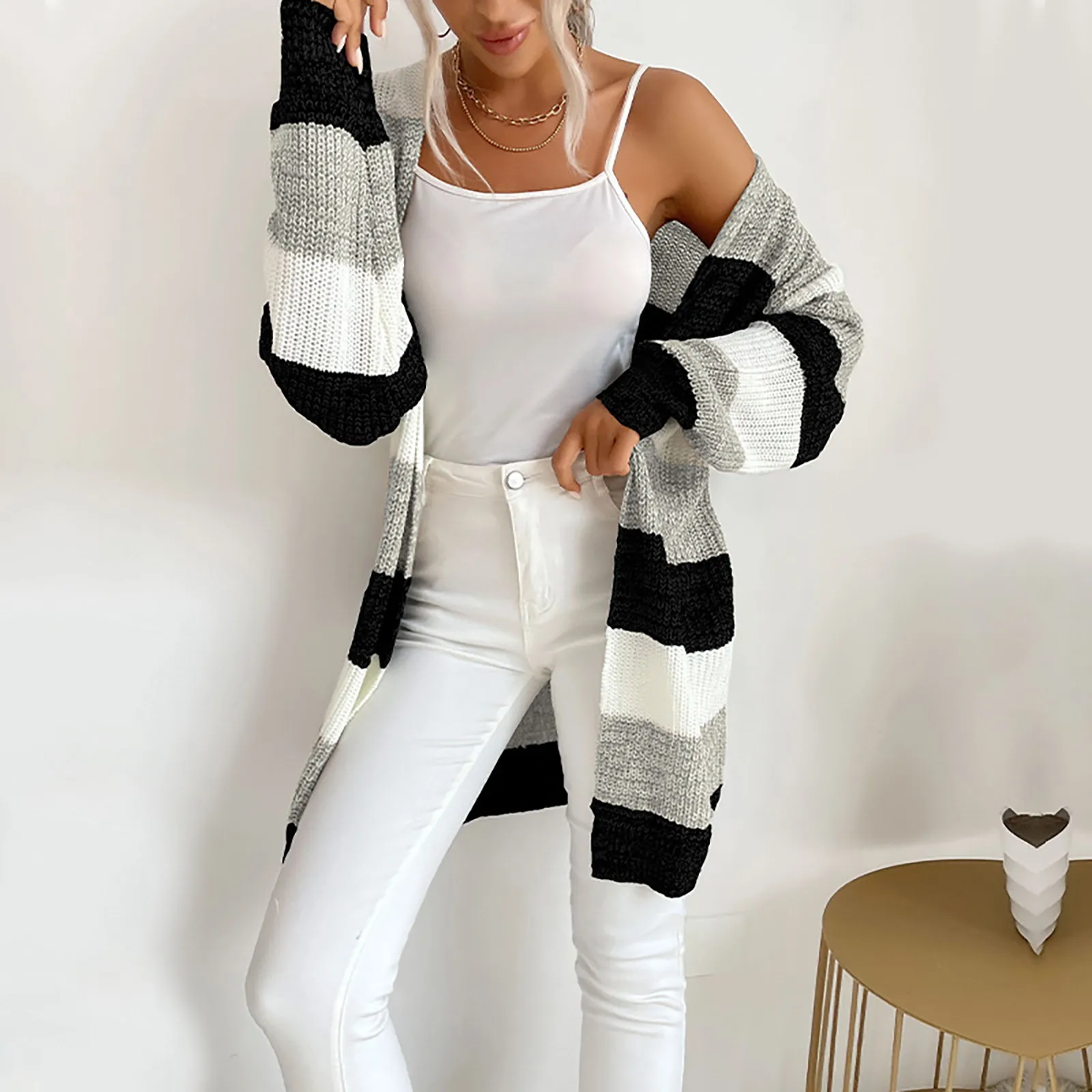 Women'S Autumn Mid Length Knitted Sweater Cardigan Striped Color Blocked Elastic Long Sleeved Casual Jacket For Daily Life