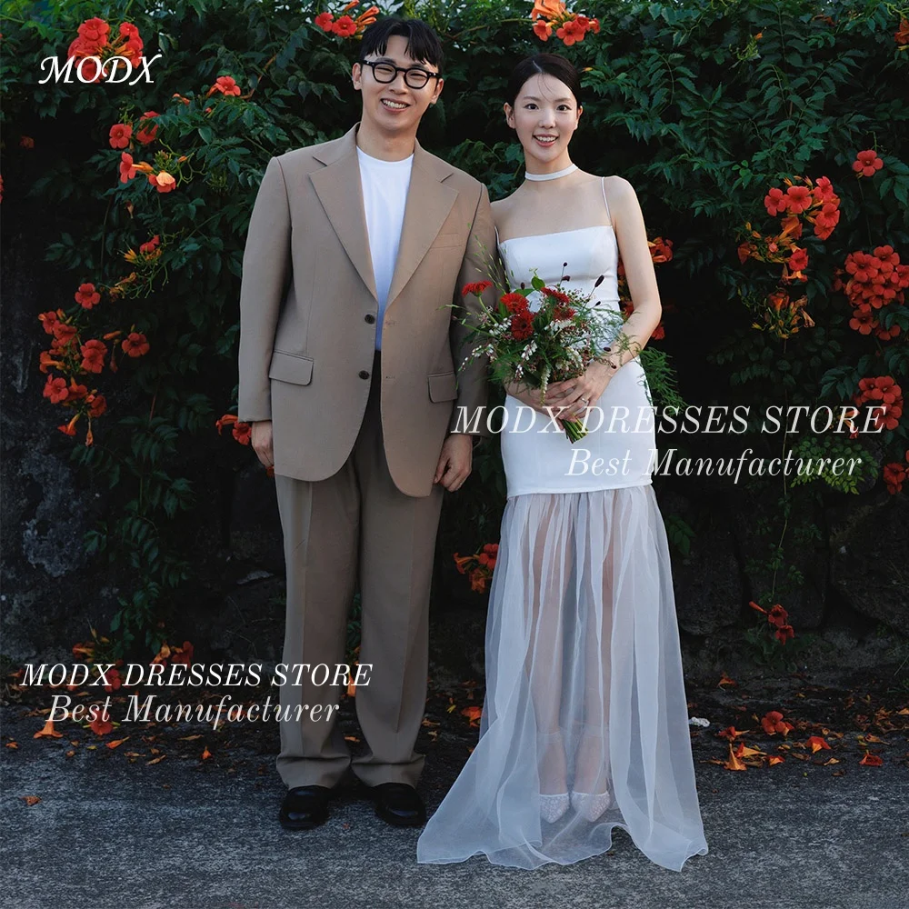 MODX-vestido de Novia coreano de tul con ilusión Simple, vestido de Novia con tirantes finos, largo hasta el suelo, personalizado