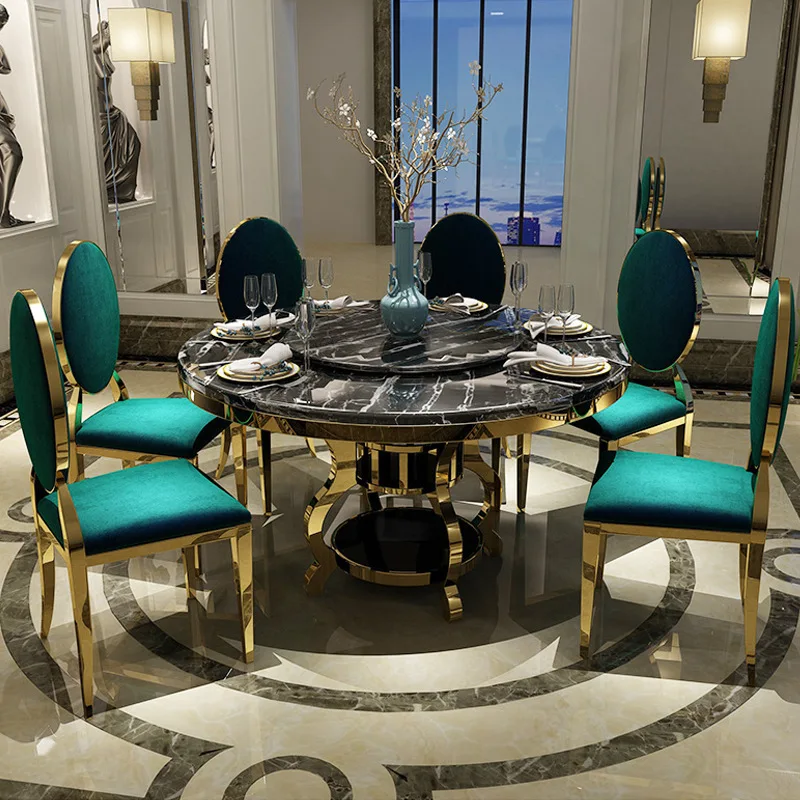 Light luxury marble dining table and chair combination post-modern minimalist round table with turntable European stainless stee