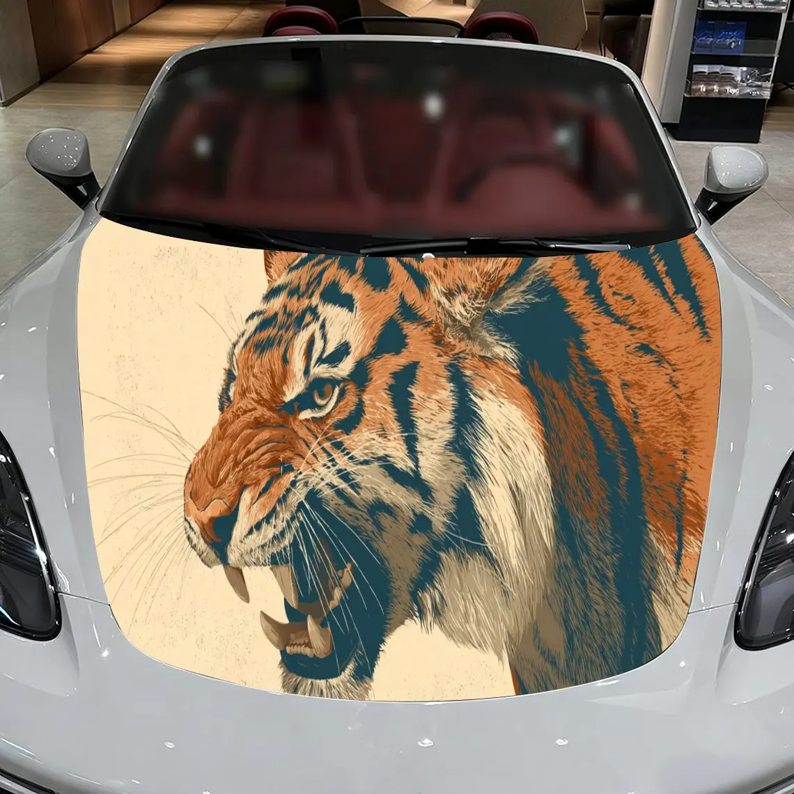 Car Decals A Tiger with Distinct Stripes in a Retro-Style, Textured Background with Artistic, Color-Blocked Visual Elements Car
