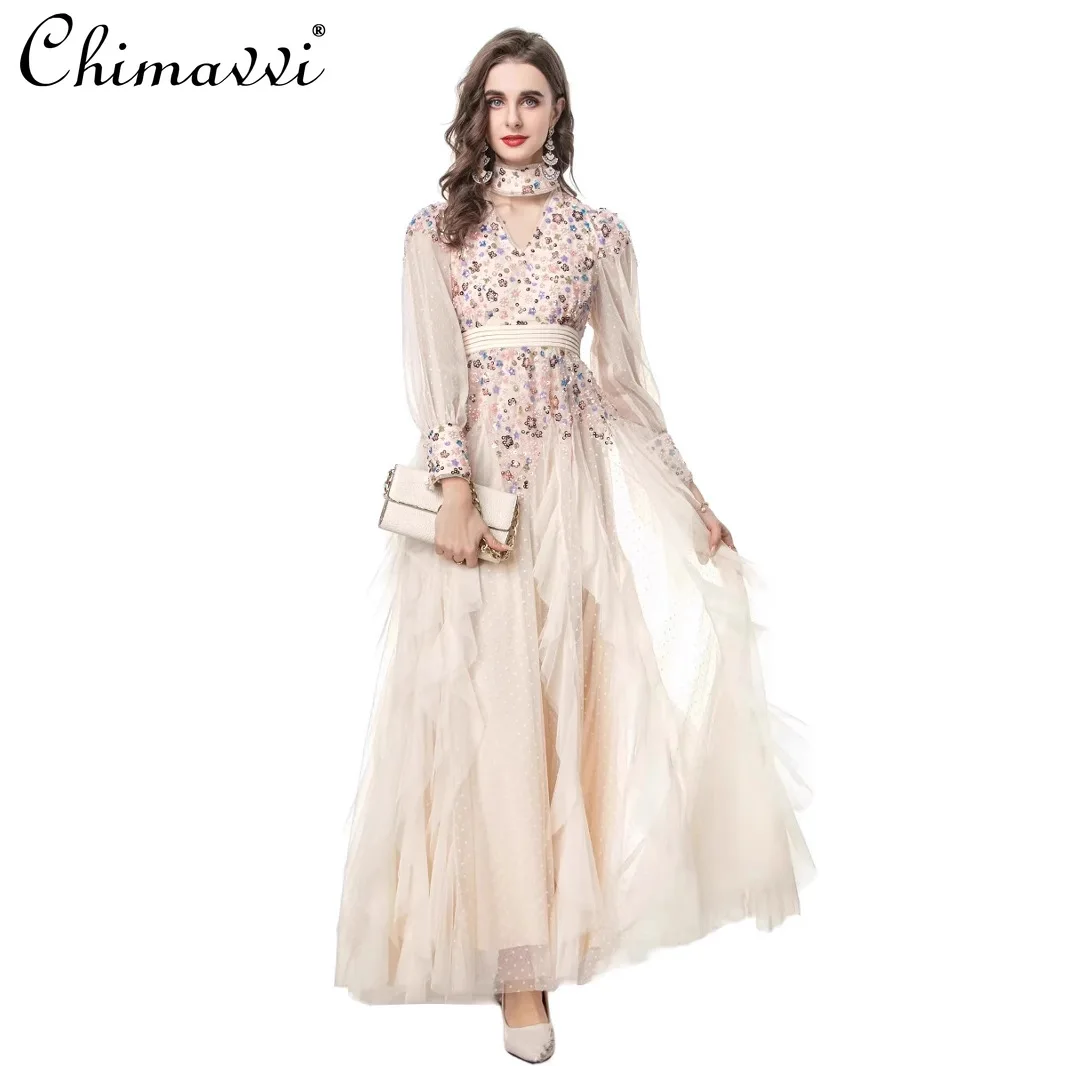 

Spring Clothes New High-End Fashion V-Neck Beaded Mesh Long Sleeve Dress Ladies High Waist Elegant Party Women's Long Dresses