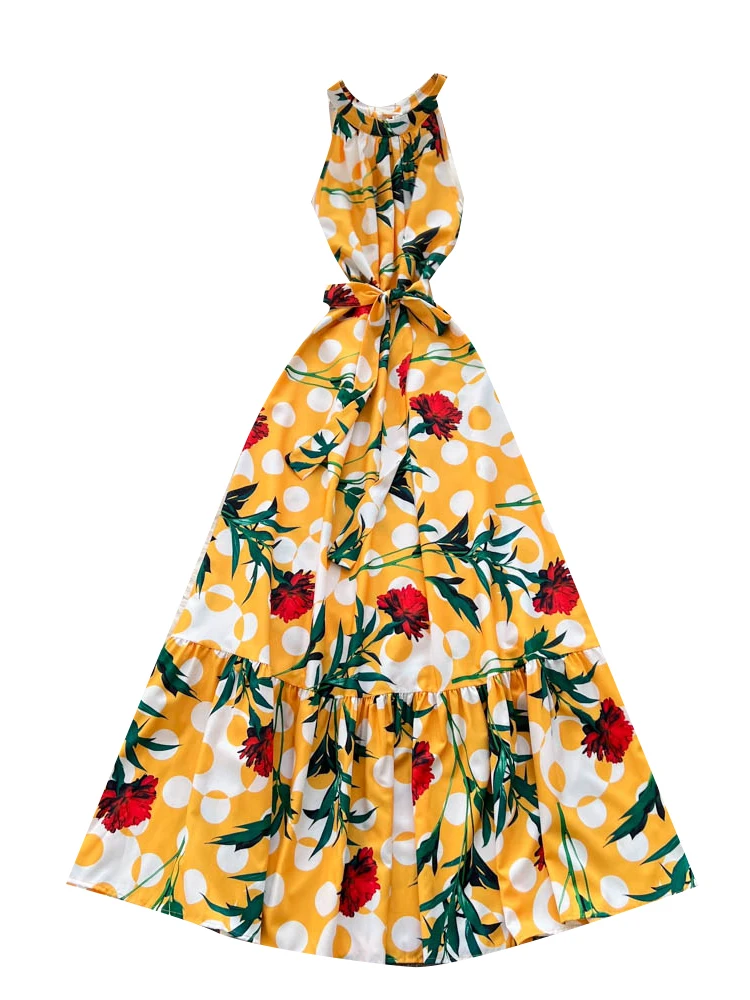 Boho-Damen-Sommerkleid mit Neckholder, Blumendruck, Bandage, Maxi-langes Kleid, lässig, Rüschen, Vestidos, schick, 2025, elegantes Strand-Urlaubskleid