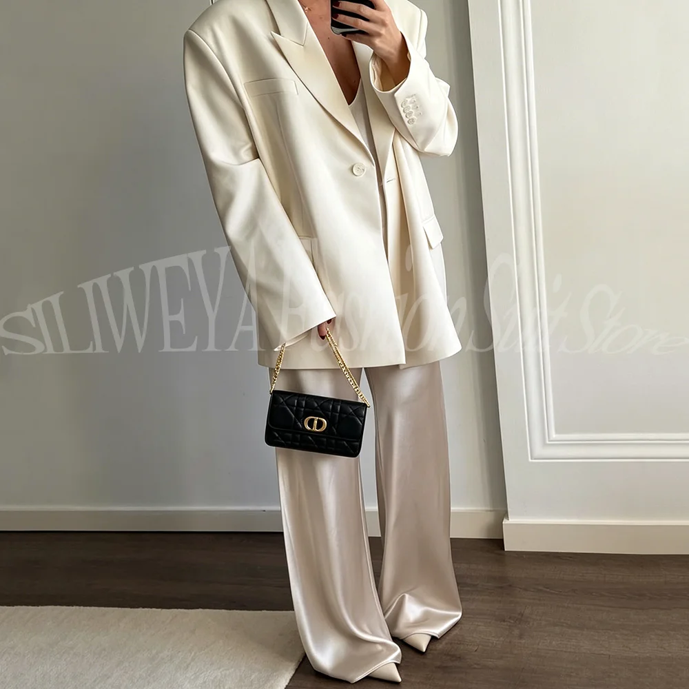

2026 New Women's White Oversized Blazer & Satin Wide Leg Pants 2 Piece Set Smart Casual Fashion Trousers Conjuntos Femininos