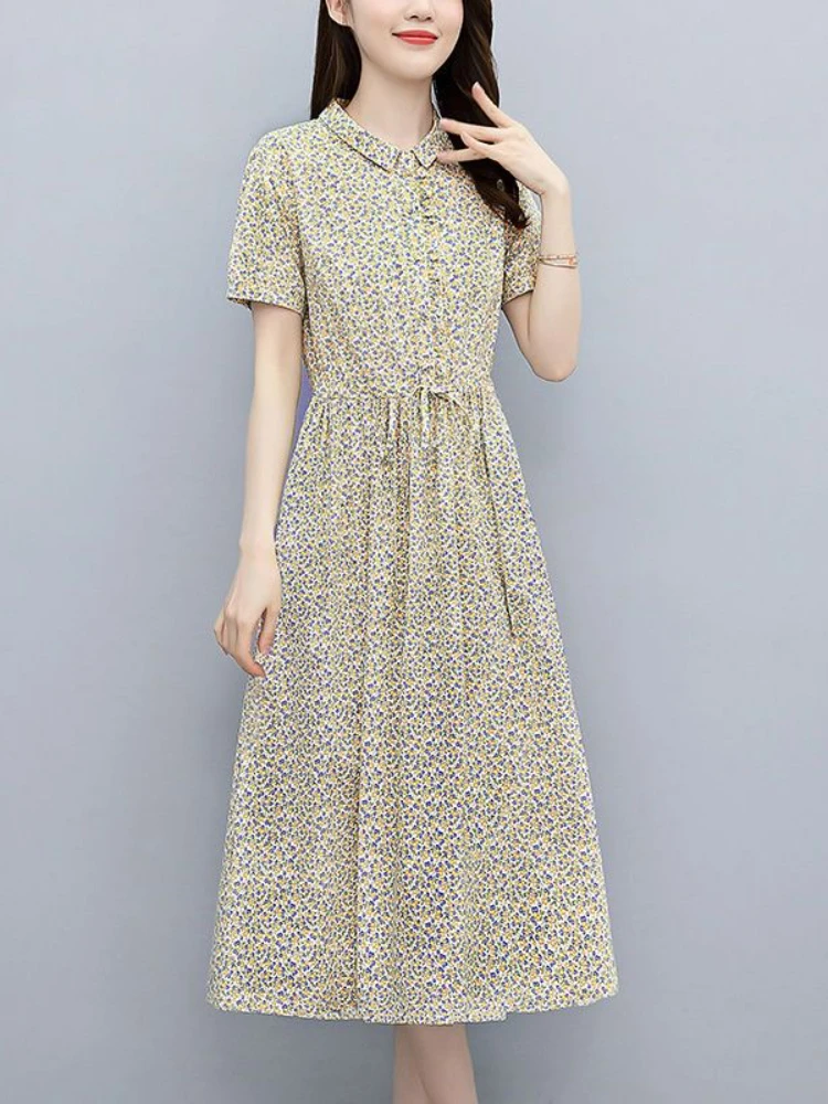 Lapel Pure cotton Floral Dress For Women 2024 Summer Vacation Outfit Elegant Vintage Long Sleeve Tie Belt Swing Midi  Dresses