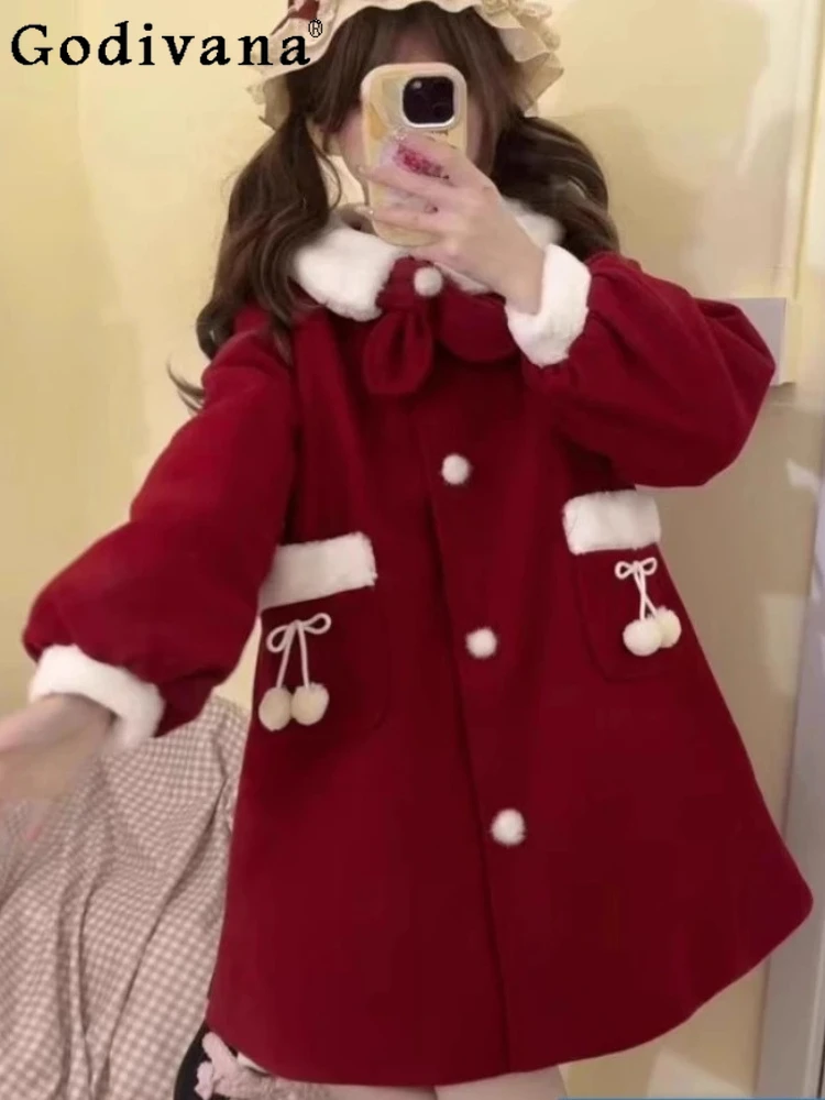 

2025 Autumn Winter New Female Halloween Lolita Fleece Loose Age-reducing Red Coat Sweet Lace-up Versatile Fashion Princess Top