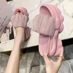 Thick Sole Slippers Ladies Thick Sole Sandals 2024 New Summer Fashion Sequins Solid Color Mesh Ladies Beach Ladies Slippers