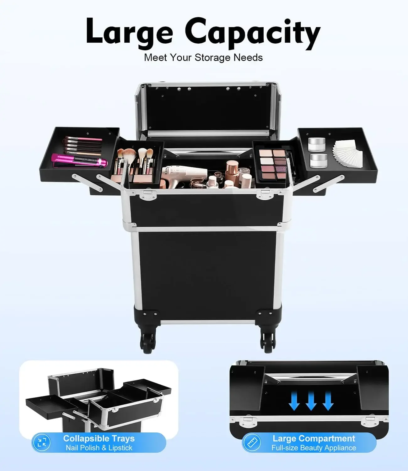 Professional Travel Makeup Case Beauty Train Case Rolling Cosmetic Organizer New