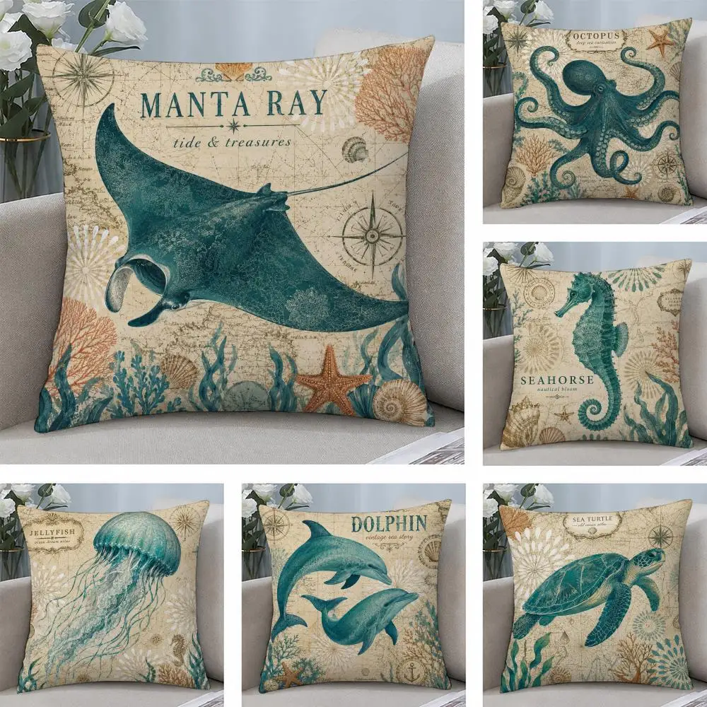 Sea Turtle And Whale Print Cushion Cover Plush Fabric Soft Double Sided Print Home Sofa High Quality Cushion Cover Throw