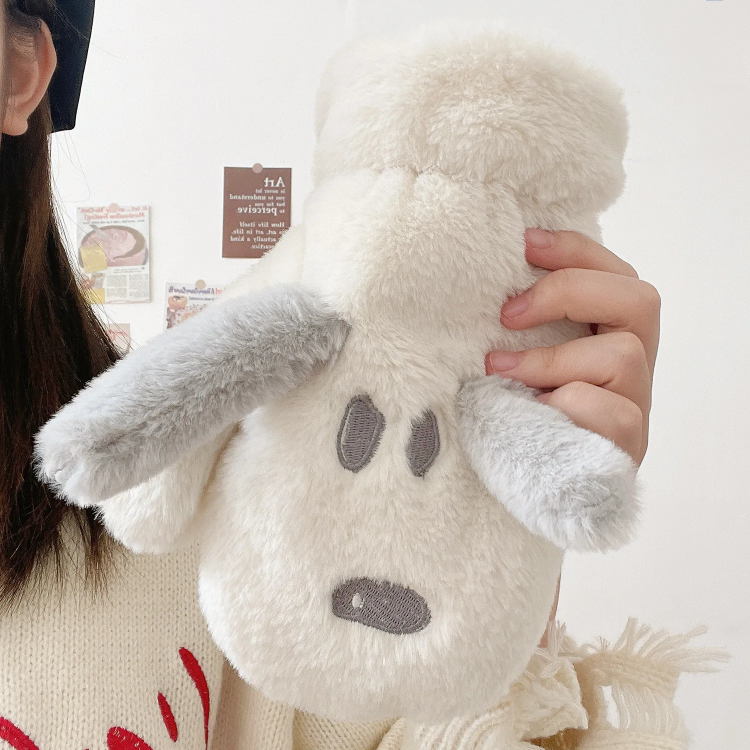 Miniso رمادي سنوبي قفازات الكرتون لطيف جرو الشتاء الطالبات ركوب الدراجات سميكة الباردة واقية الحبل قفازات