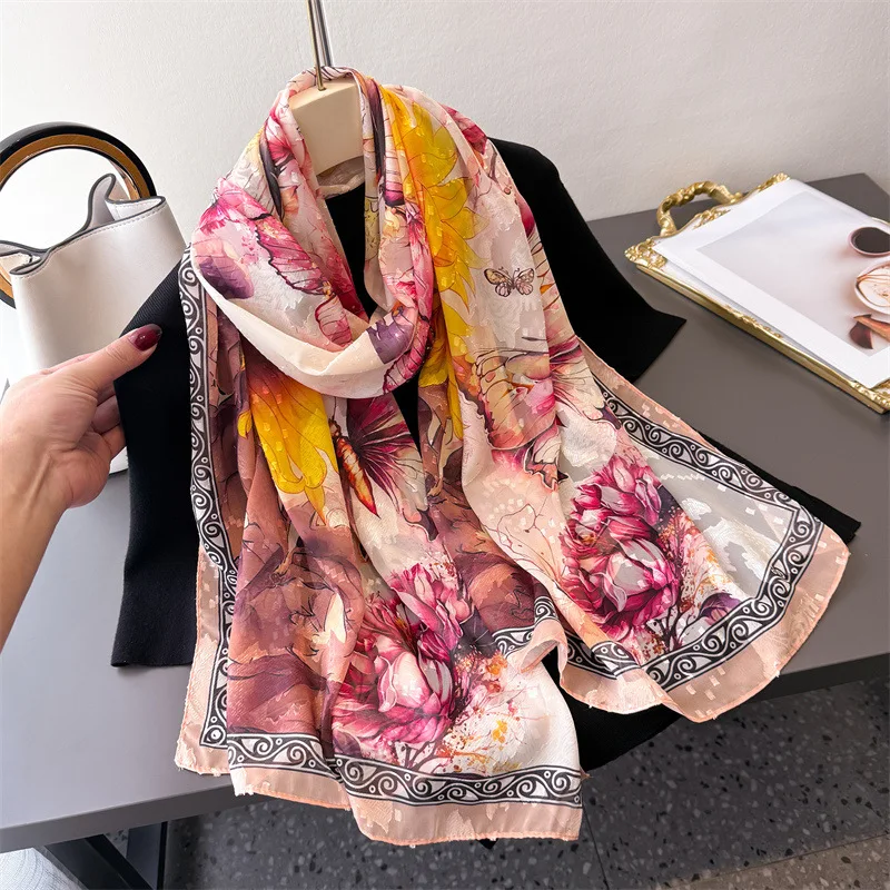 

Spring Autumn Thin Gauze Large Scarf 2025 Shawl 180*70cm Fashion Bandanna Popular Scarves Print Sunscreen Beach Towel Hijab Wrap