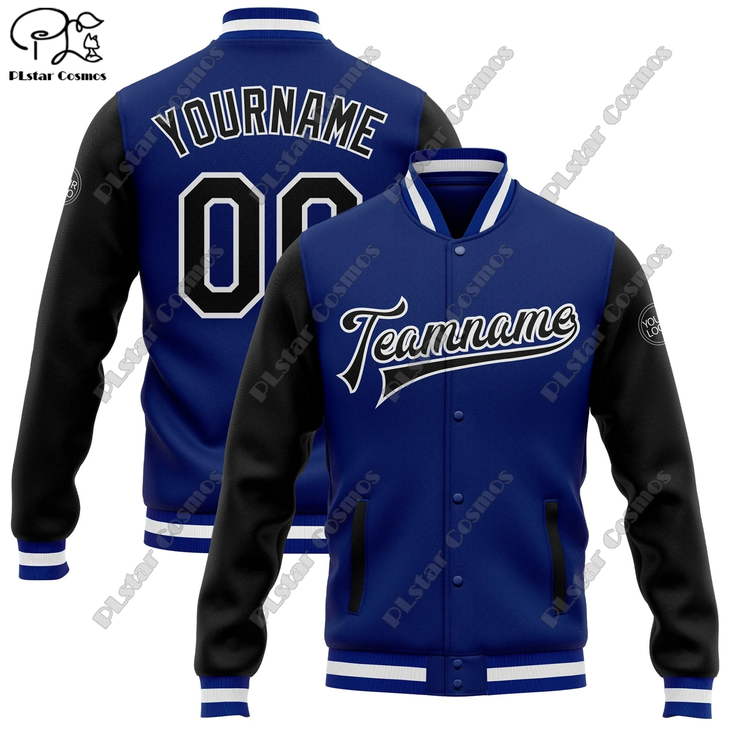 3D Printing Custom Name Classic Dark Blue Two Color Panel Sleeves Full Snap Jackets Unisex Winter New Arrivals