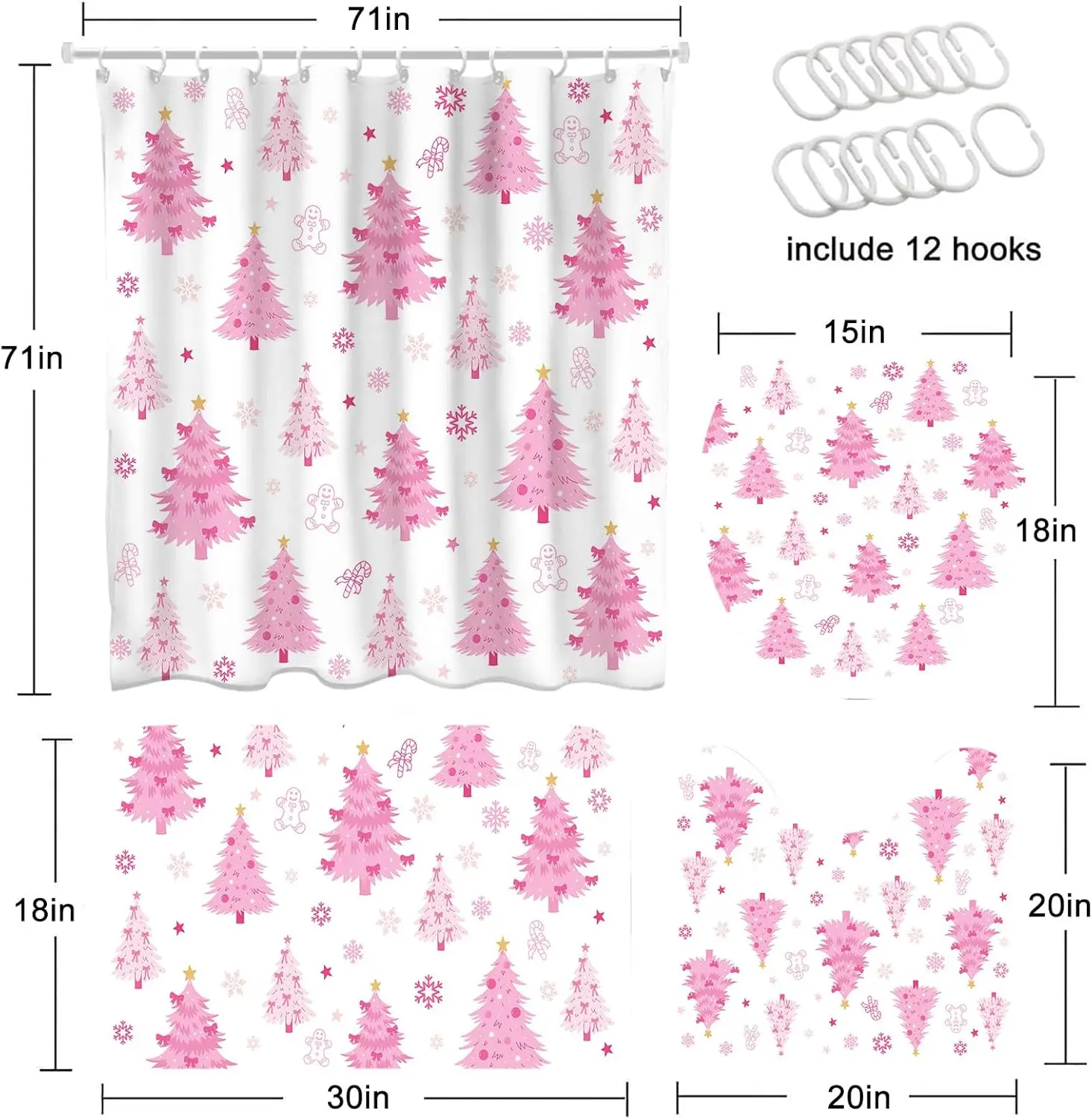 4pcs Set Tirai Kamar Mandi Natal Motif Pohon Natal Pink Lucu dengan Keset Kamar Mandi Anti Selip yang Dapat Dicuci, Penutup Tutup Kloset
