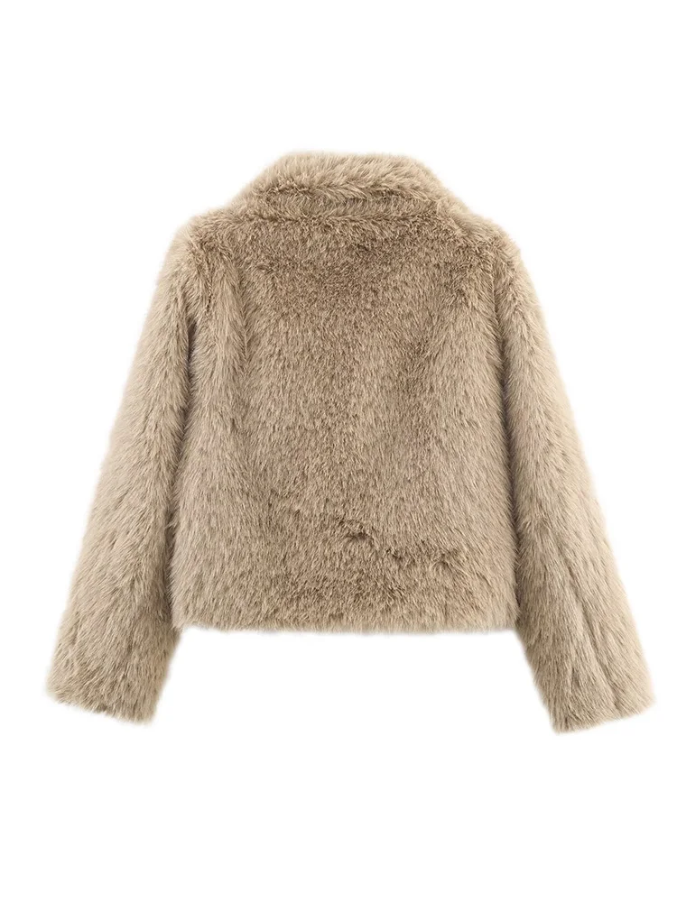 HH mujer moda de invierno solapa bolsillo piel Artificial temperamento grueso abrigo manga larga botón oculto sólido Chaqueta corta suave