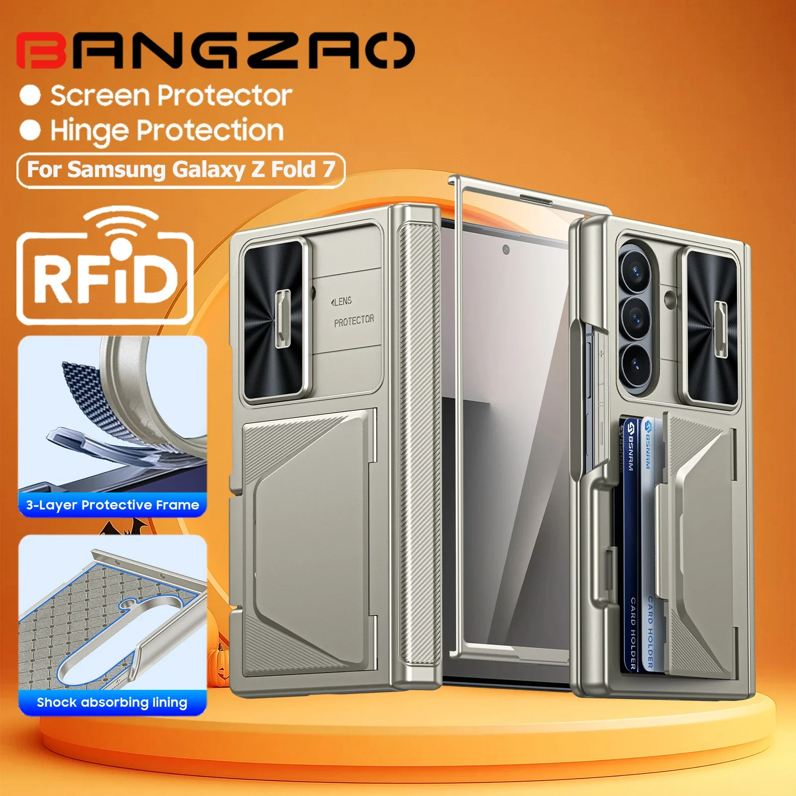 

Halloween Gifts for Galaxy Z Fold 7 RFID Wallet With Cards Holder,Camera Cover,Shockproof Silicone Protective Case-Titanium