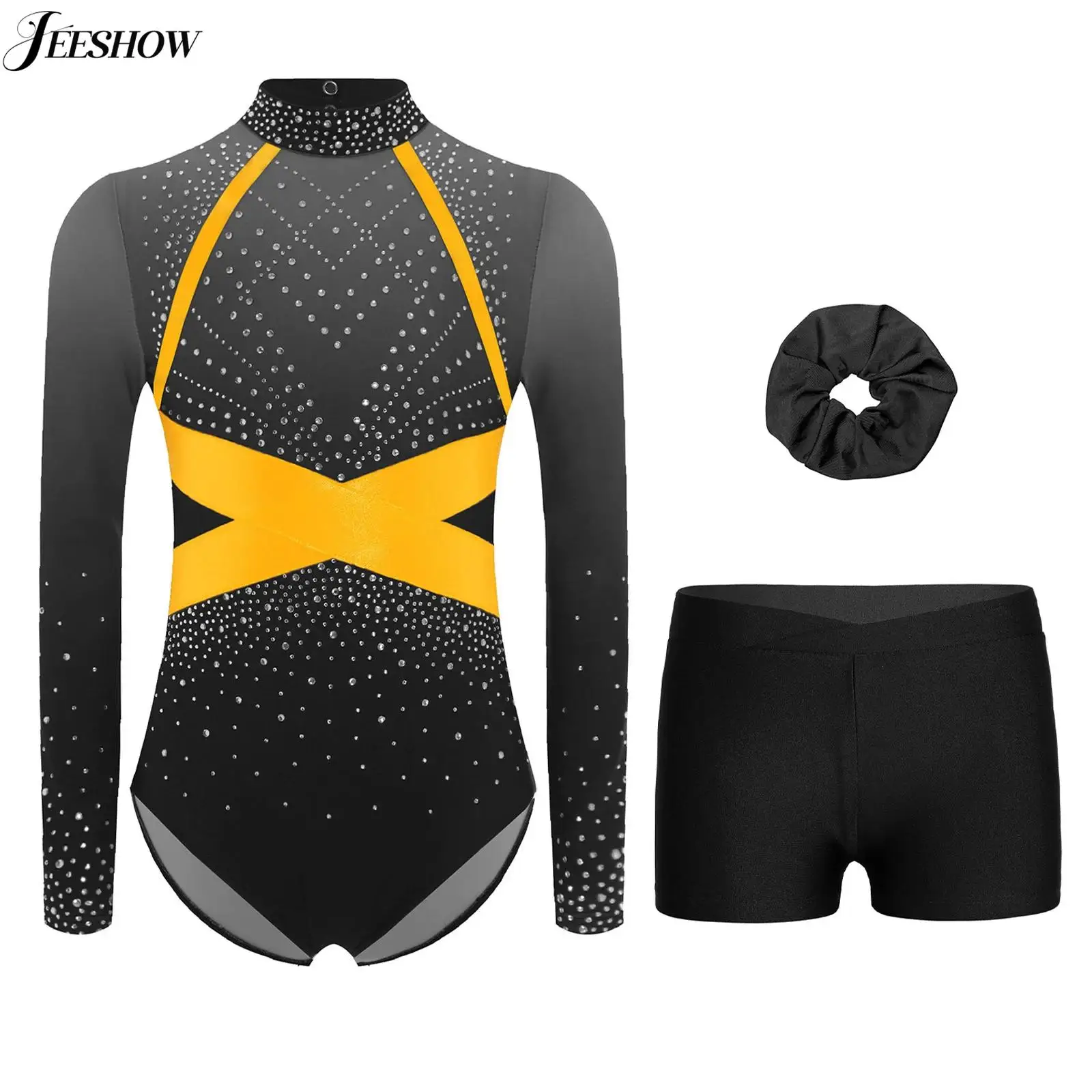 キッズガールズ体操ダンスレオタード光沢のあるラインストーンカラーブロックユニタードショーツセット付きマッチングヘアスクランチタンブリング衣装