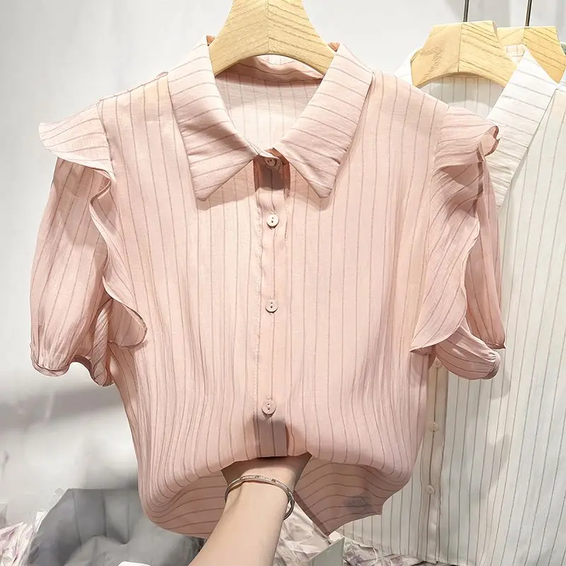 Korean Temperament Lapel Collar Striped Ruffles Patchwork Chiffon Tops Women Summer Thin Style Short Sleeved All-match Shirt