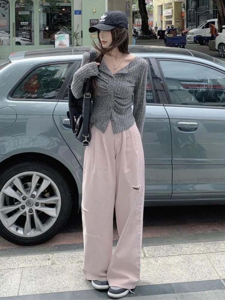 سترة نسائية بياقة مقلوبة بسيطة ريترو مريحة بأكمام طويلة حياكة هاراجوكو Ins ملابس كورية محاصيل أنيقة للخريف الأنثوي #6